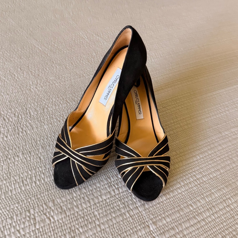 New Charles Kammer Paris Black Suede Gold‎ Piping Peep Toe Heels Pumps 37.5